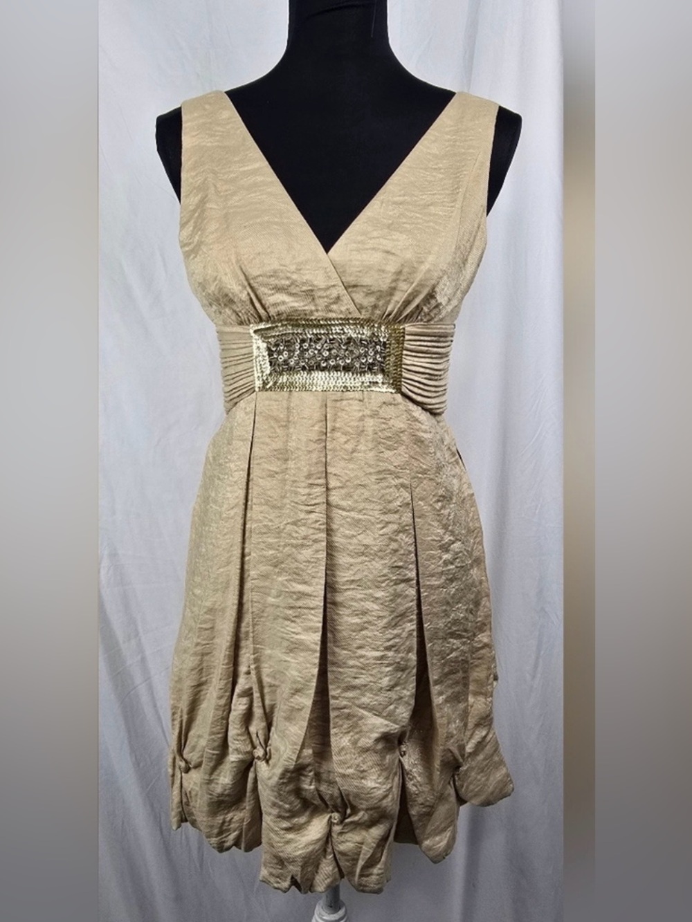 BCBGMaxAzria Metallic Gold Bubble Hem Mini Dress w/ Gold Sequin Women Size 12